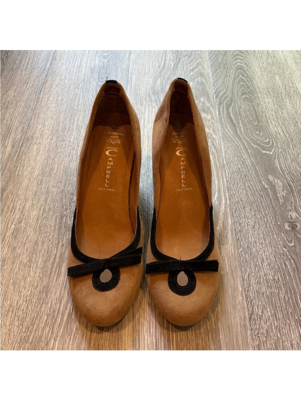 Jeffrey Campbell Tan Suede Wedges with Black Bow Accent